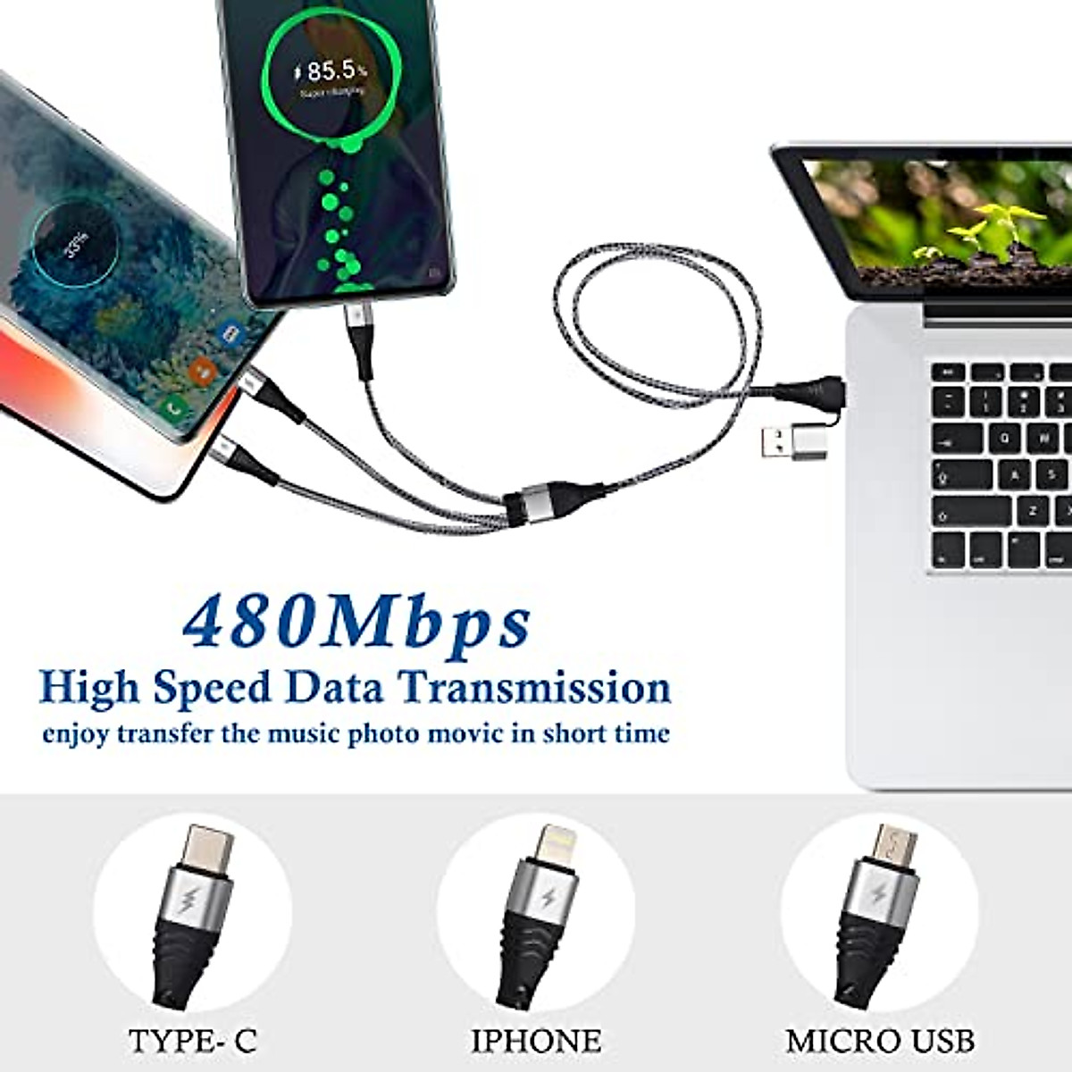 USB C Multi Charging Cable 4FT with Fast 5A Charging & Universal Connectors
