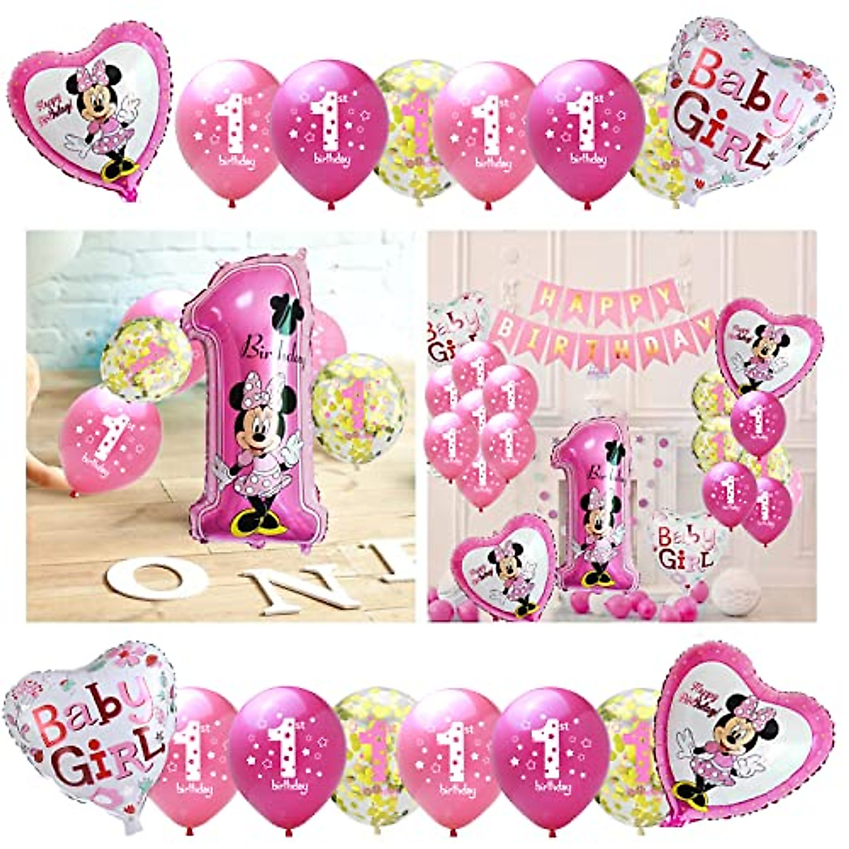 Pink 1st Birthday Balloons Set for Girl - Cute Mouse & Number 1 Decor