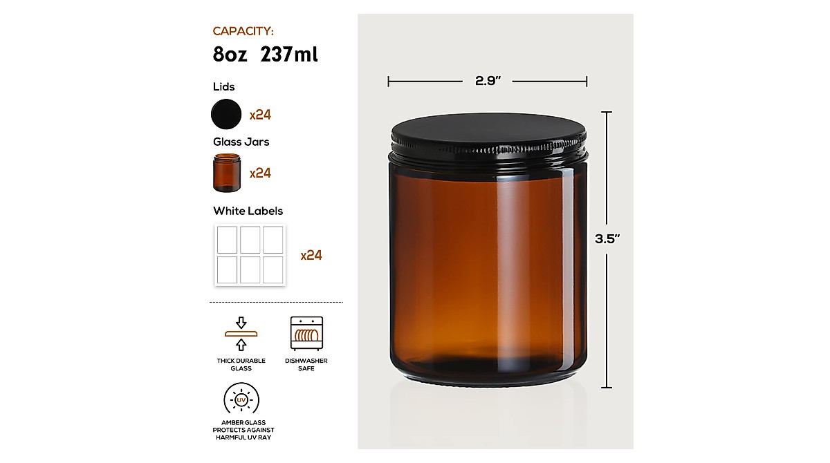 24 Pack 8 OZ Amber Glass Jars with Lids - Leakproof & Dishwasher Safe