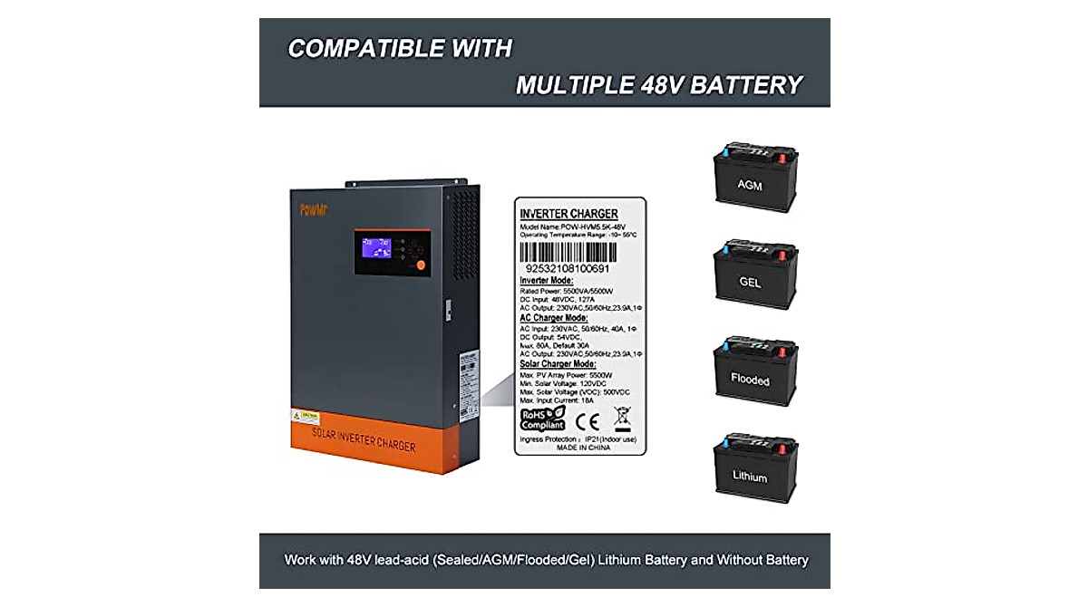 PowMr 5500W Hybrid Inverter for Off-Grid Power | Pure Sine Wave 48V