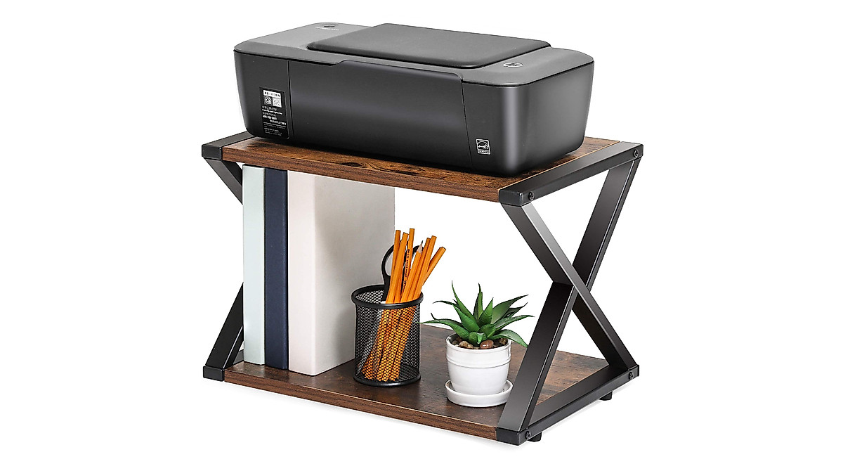 FITUEYES Rustic Brown Printer Stand – Compact 2-Tier Desk Organizer