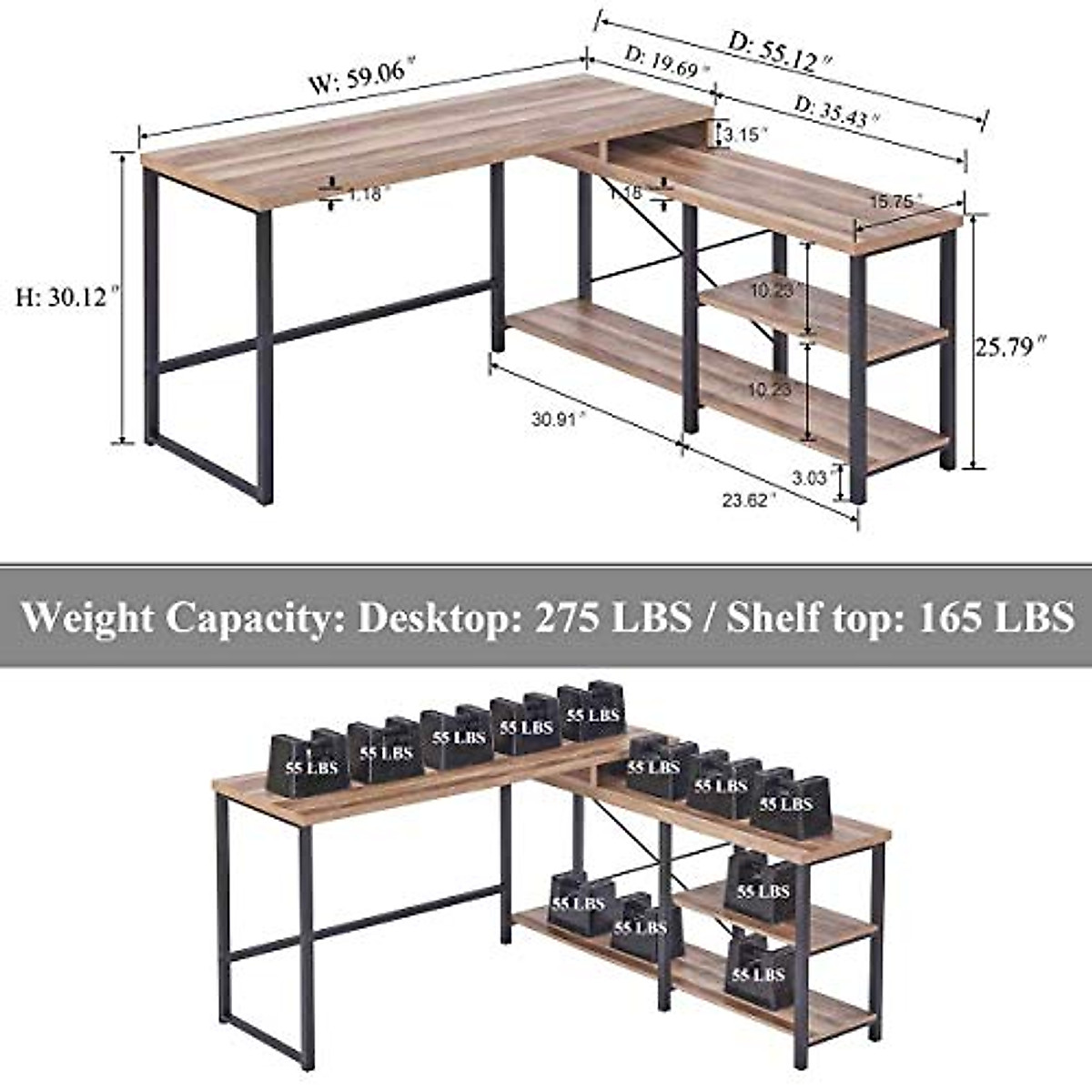 BON AUGURE L Shaped Computer Desk with Storage - Industrial Farmhouse Style