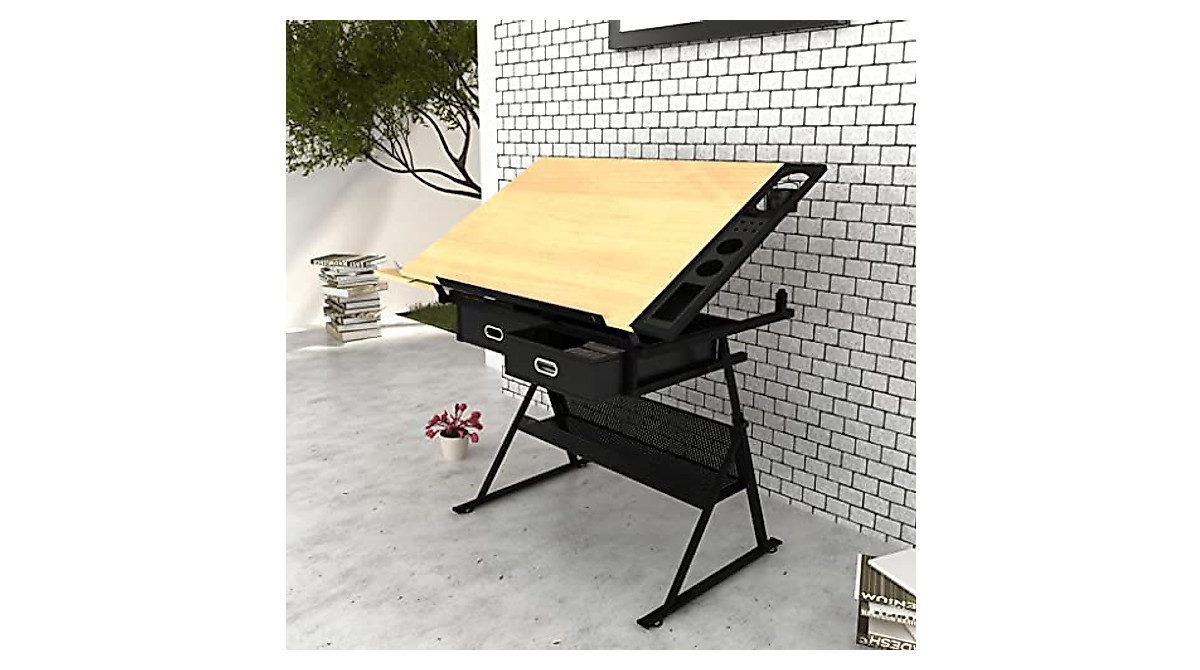 vidaXL Adjustable Drawing/Drafting Table + Stool & Drawers