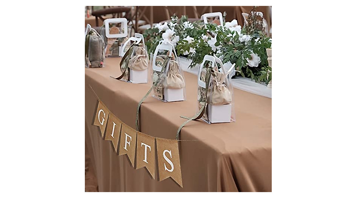 Rustic Burlap Gifts Banner - Vintage 5-Flag Bunting For Wedding, Baby Shower, Birthday Parties (15x12cm Flags, 2m Rope)