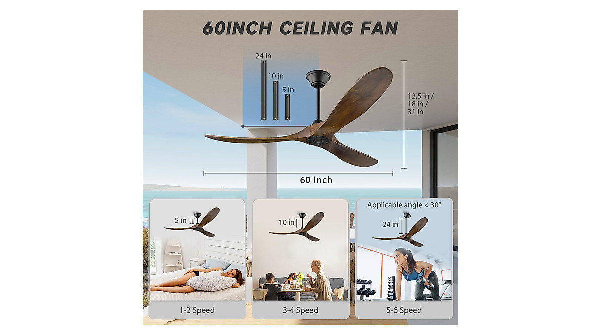 HDLWIS 60-Inch Wood Ceiling Fan with Remote Control