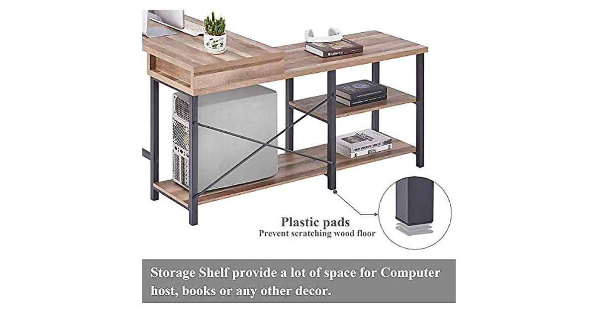 BON AUGURE L Shaped Computer Desk with Storage - Industrial Farmhouse Style