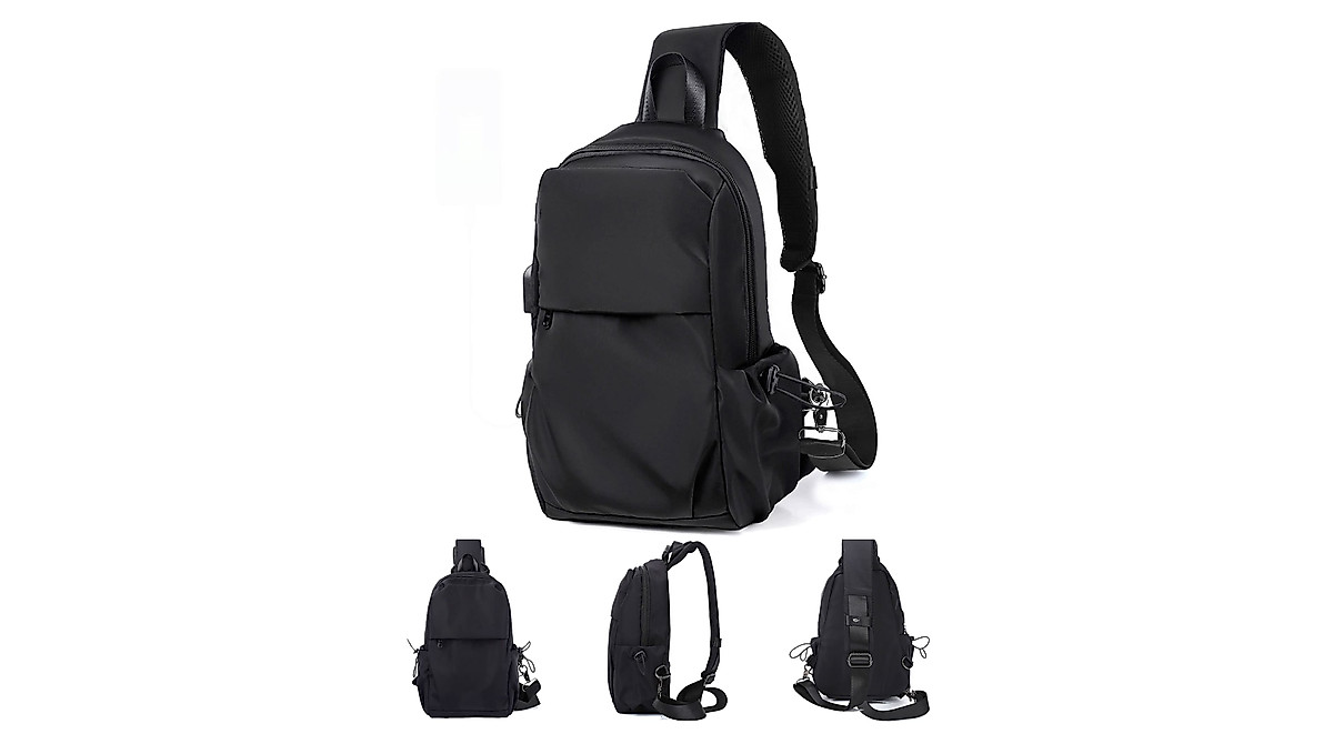 SEAFEW Small Black Sling Backpack with USB Charger | Lightweight ...