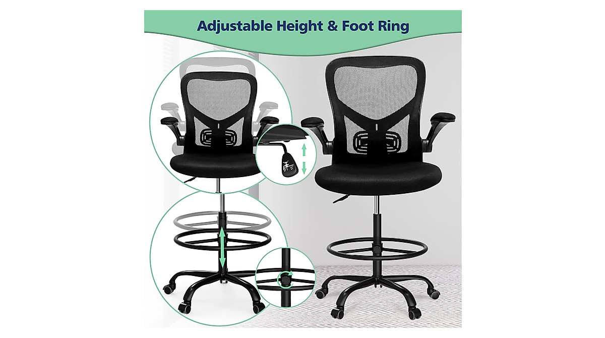 Drafting Chair Tall Office Chair with Foot Ring & Adjustable Height