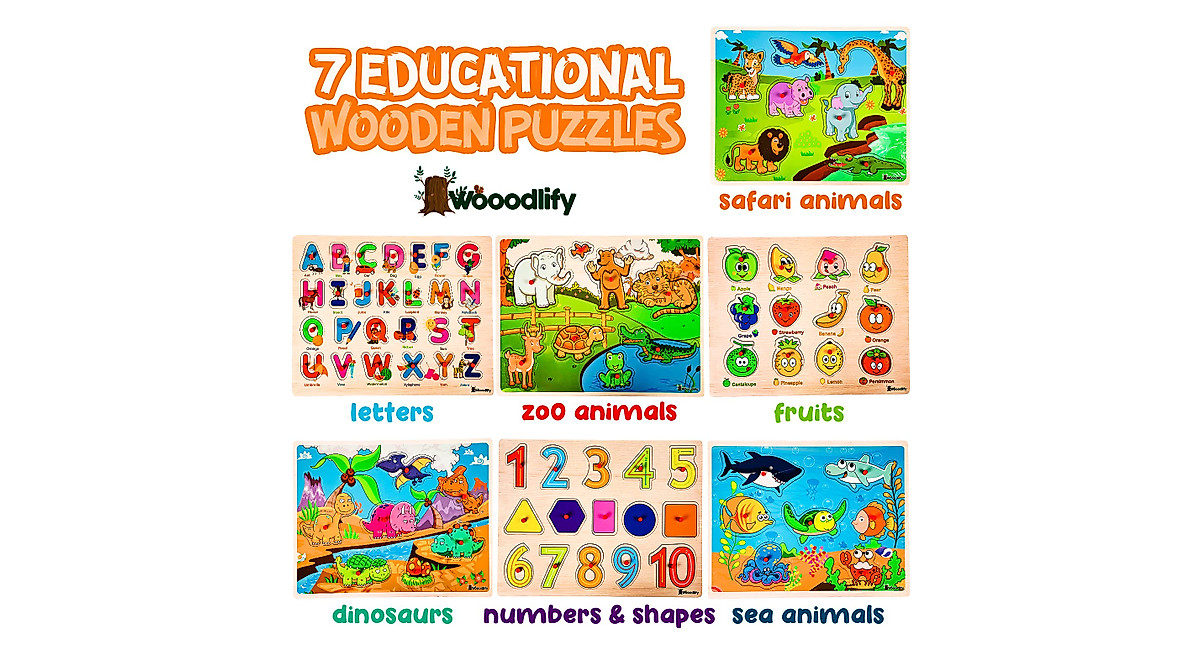 Colorful Wooden Puzzles for Toddlers - 7 Pack