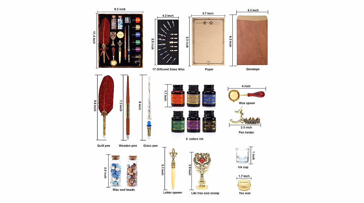 Junhartt Quill Feather Pen & Ink Set - Vintage Calligraphy & Wax Seal Kit