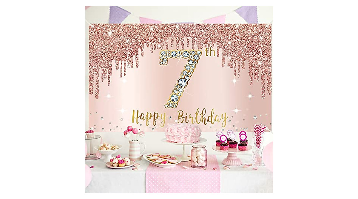 Happy 7th Birthday Banner Backdrop - Pink Rose Gold Party Decor