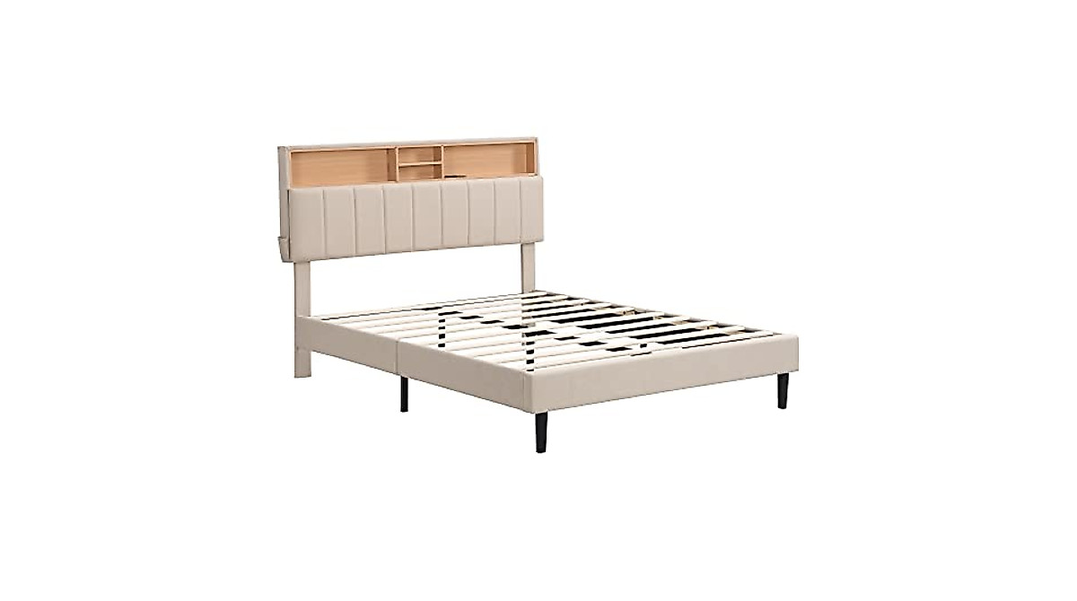 Beige Full Bed Frame with USB & Storage - Easy Assembly