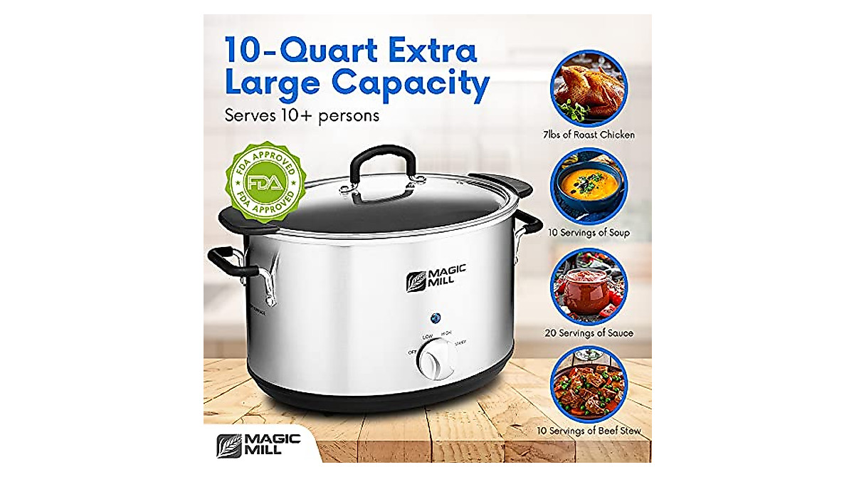 Magic Mill 10-Quart Slow Cooker with Metal Searing Pot and Glass Lid