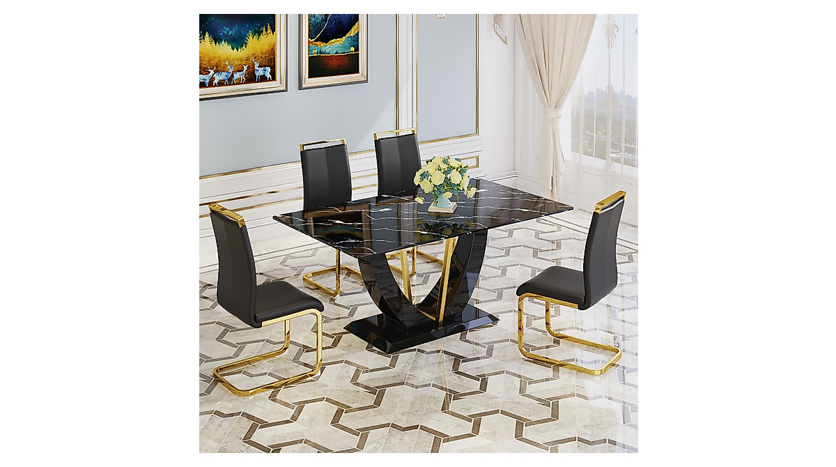 JUFU 71" Modern Dining Table Set for 6 - Elegant Black Marble Faux Kitchen