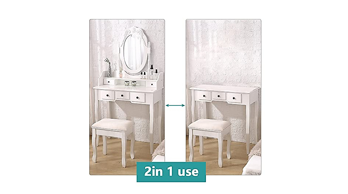 Vanity Mirror Table Set with Storage – Elegant White Makeup Desk