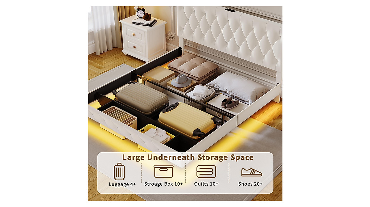 Full Size Lift Up Storage Bed Frame with LED Lights & Charging Station