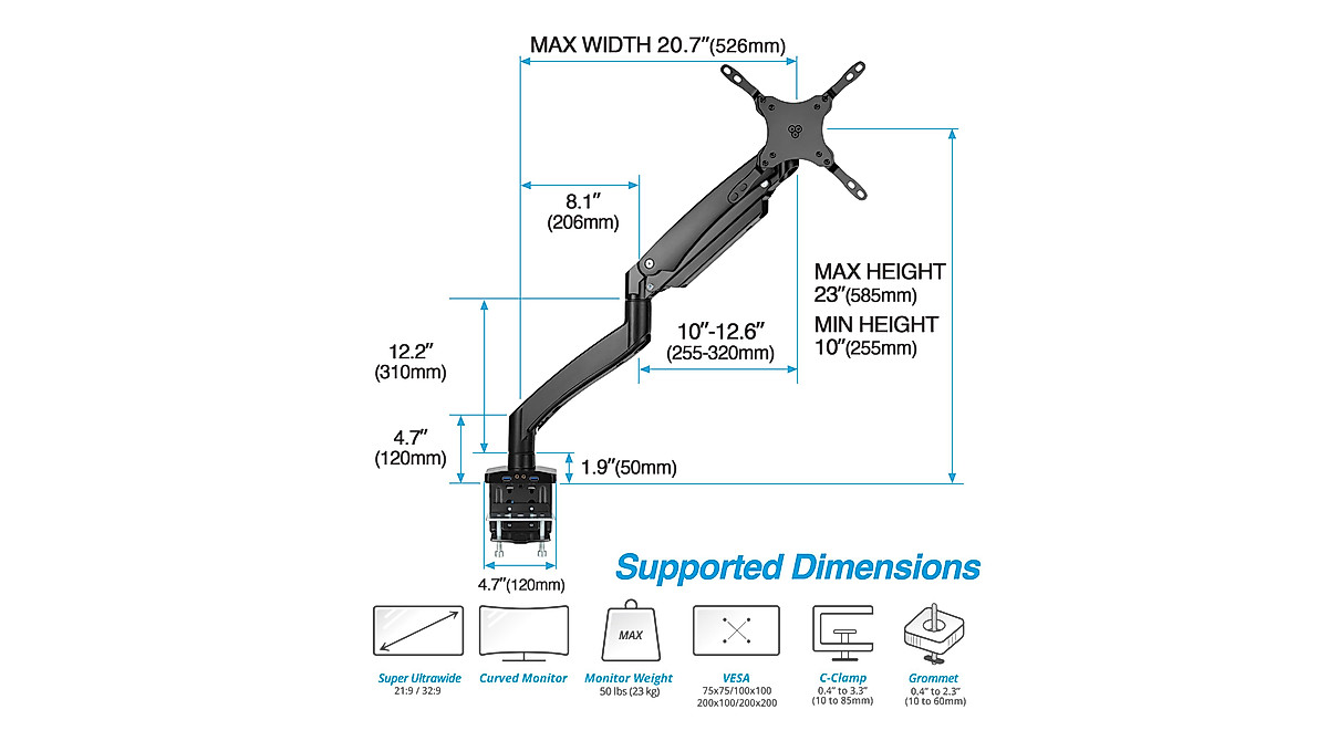AVLT Ultrawide Monitor Arm w/ USB Hub | 17-49