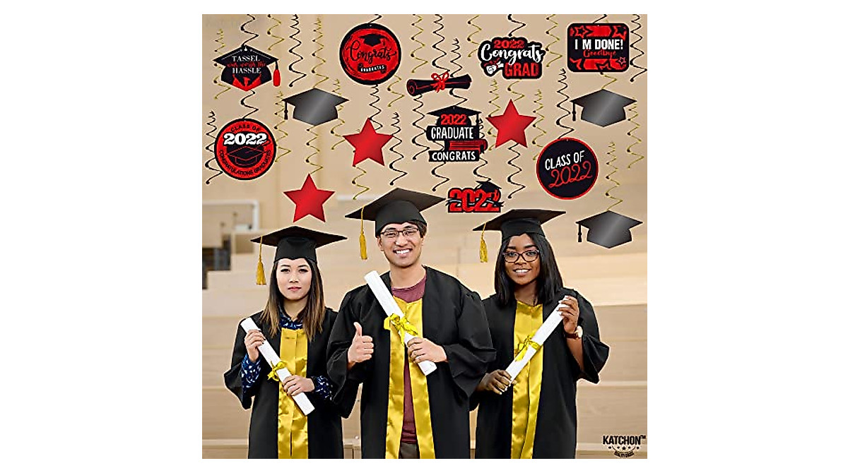 Graduation Hanging Decorations - 45-Piece Red & Gold Swirls | Easy Setup
