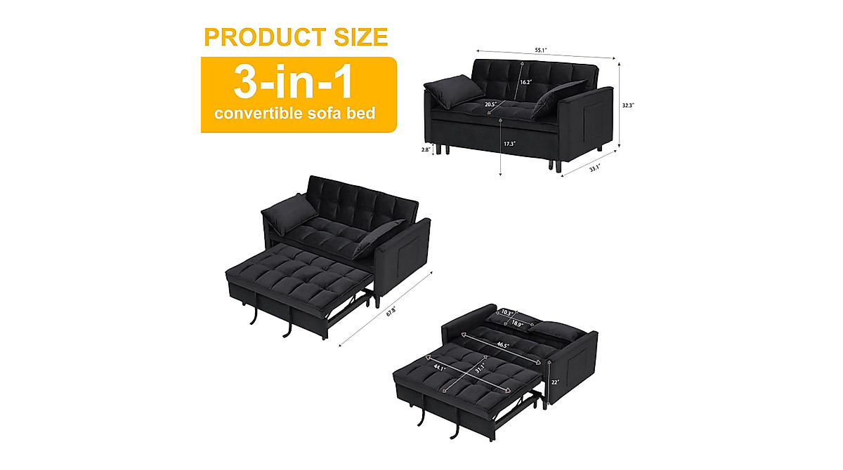 Modern Velvet Loveseat Sofa Bed - 3 in 1 Convertible Couch