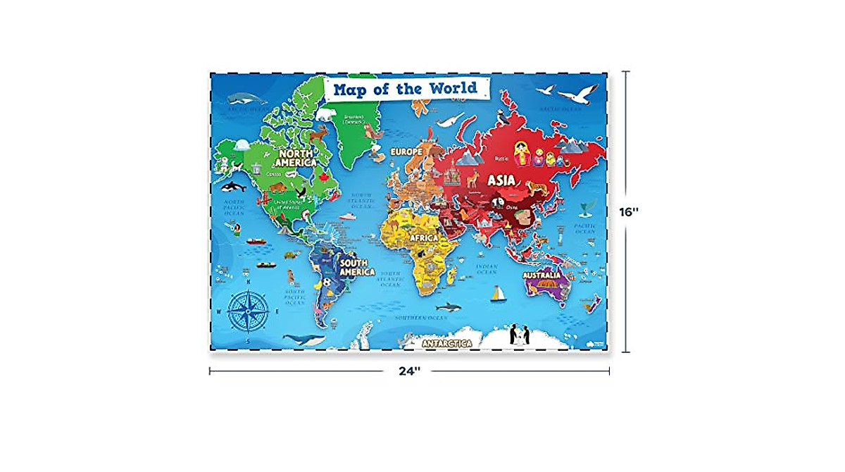 Kids Map Poster Set - Waterproof US & World Maps for Learning