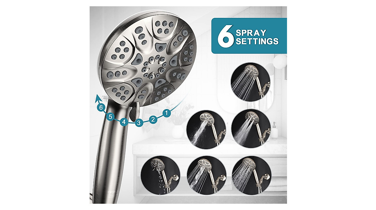 High Pressure Handheld Shower Head with 6 Spray Settings | Brushed Nickel