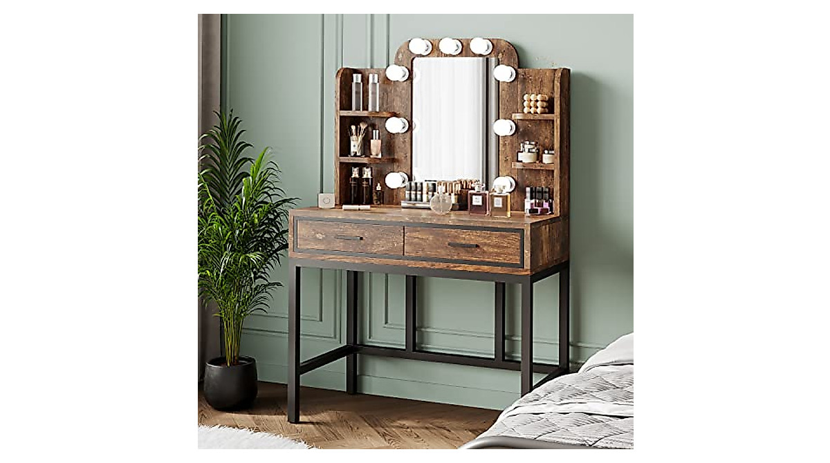 Mu Vanity Desk with Lights & Storage - Rustic Beauty Table for Bedroom
