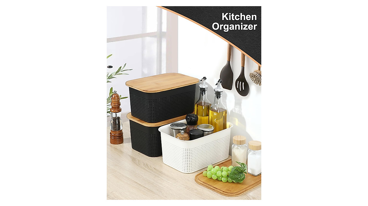 Storage Bins With Bamboo Lids - Set Of 6 Organizer Containers