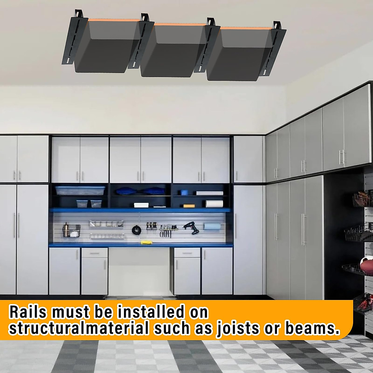 Garage Overhead Storage Racks for Bins | Adjustable Ceiling Totes
