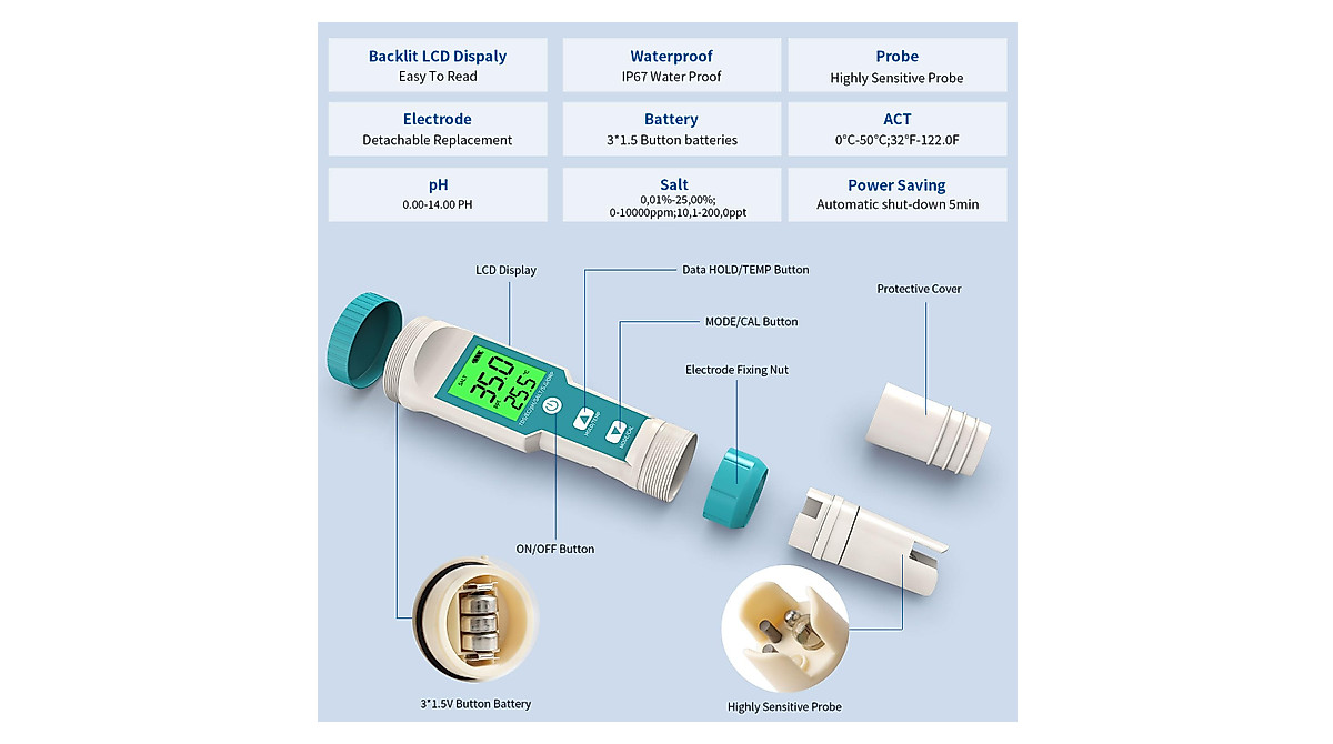 Yewhick 7-in-1 Salt Water Pool & Aquarium pH Meter - Accurate Testing