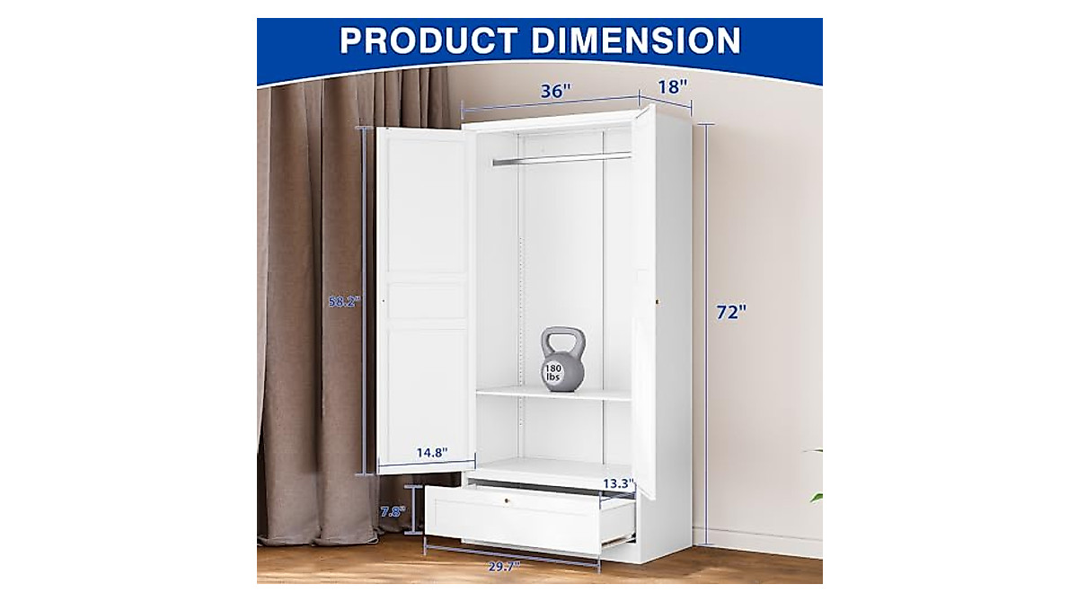 BYNSOE Metal Wardrobe Closet with 2 Doors and Drawers - 72 Inches