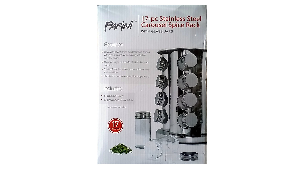 17 Pc Stainless Steel Carousel Spice Rack with Glass Jars