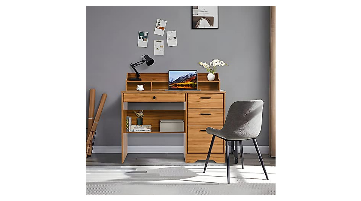 Compact Rustic Oak Computer Desk with Drawers