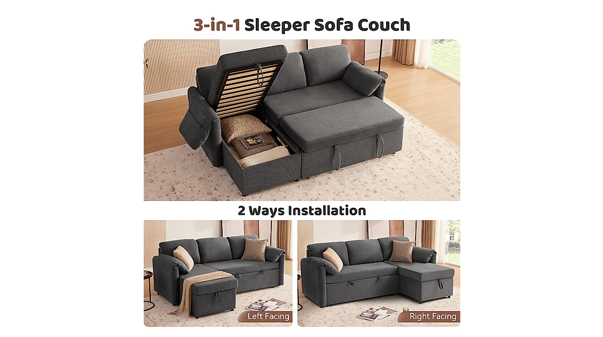 Tbfit Sleeper Sofa Couch with Storage and USB - 83" Egyptian Velvet
