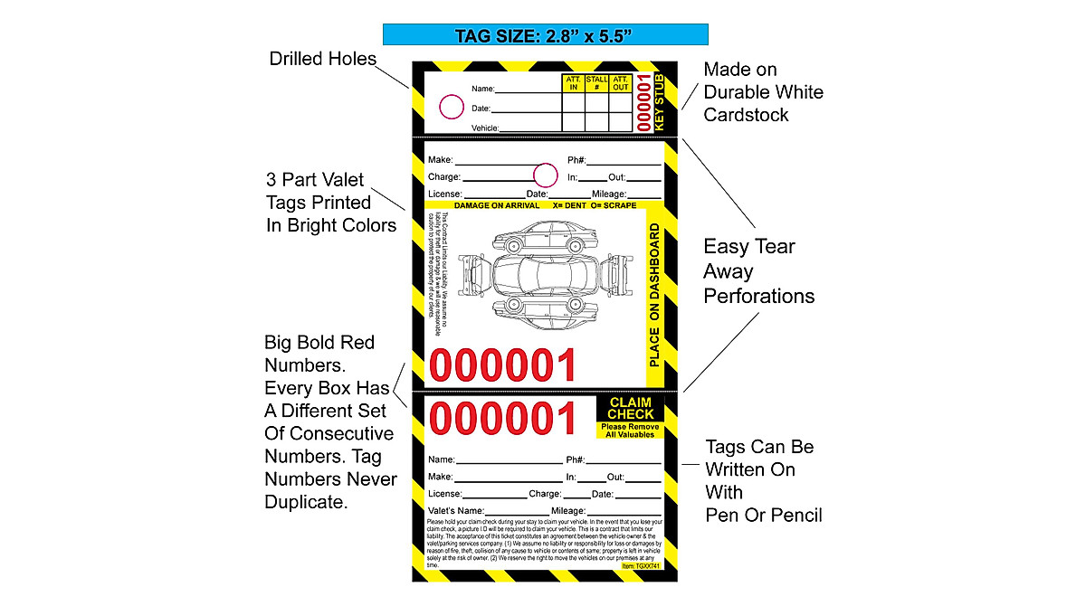 2000 Valet Parking Tickets with Car Diagram & Claim Tag