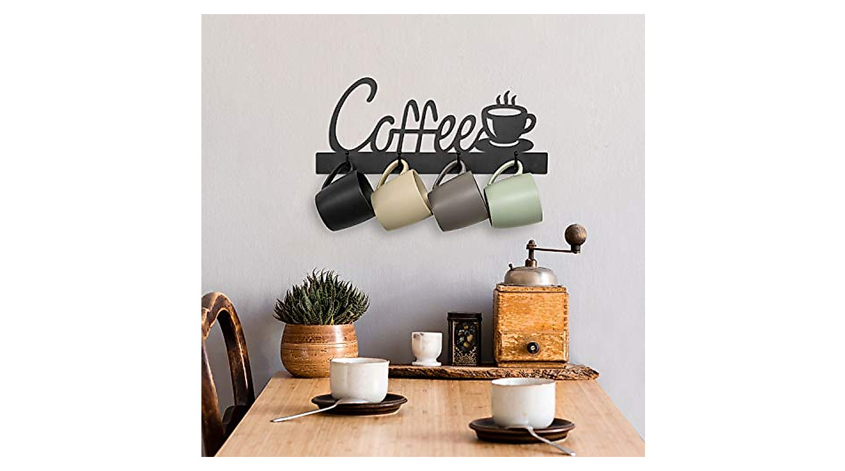 MyGift Black Metal Coffee Mug Rack - Wall Mounted Elegance
