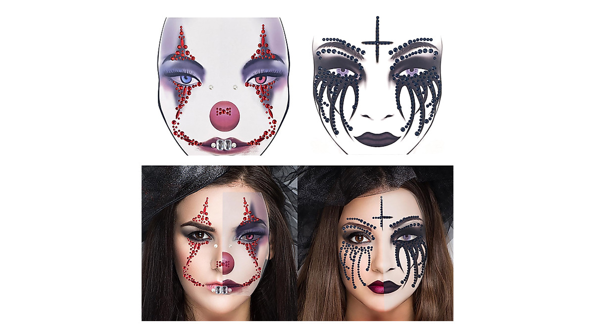 2 Pack Day Of The Dead Skull Rhinestone Face Tattoos for Halloween ...