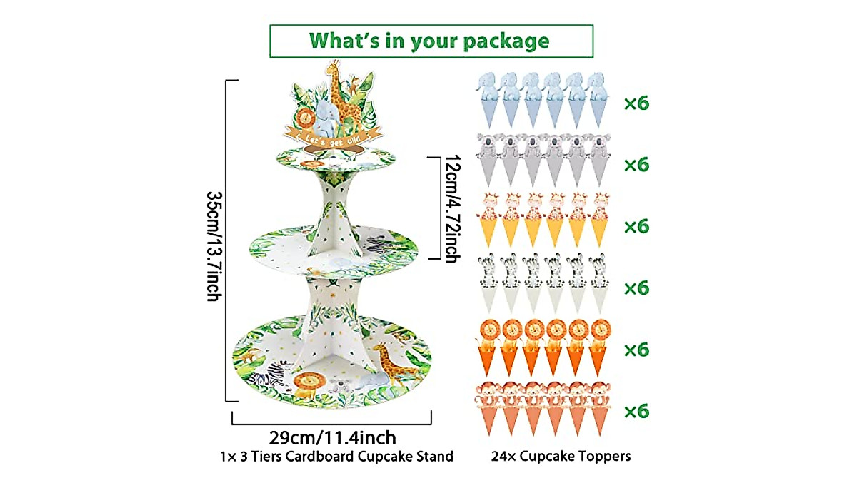 Jungle Safari Cupcake Stand & Toppers for Birthday Party