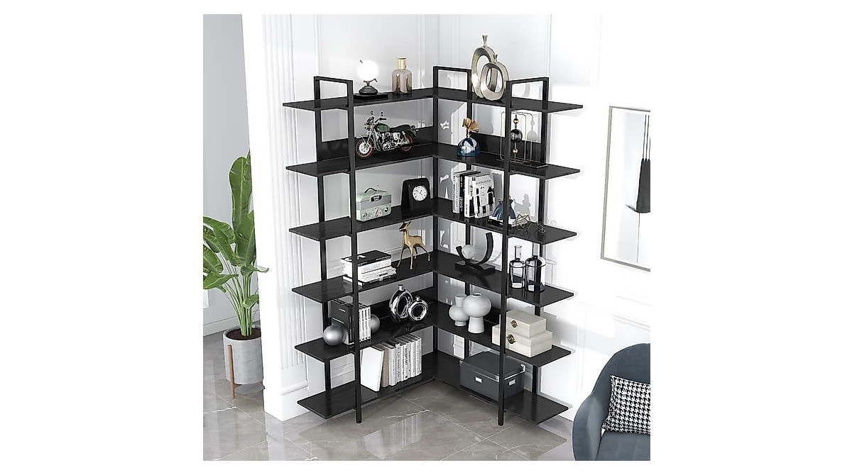 Tejomi 6-Tier Corner Bookshelf - Industrial L-Shaped Storage Rack