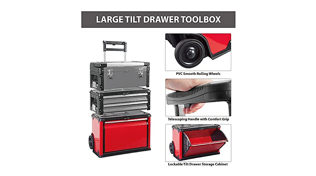 Big Red Torin TRJF-C305ABD Rolling Tool Box – 3-Drawer Portable Steel & Plastic Stackable Trolley, 20.5" L X 12.6" W X 28.4" H, Red