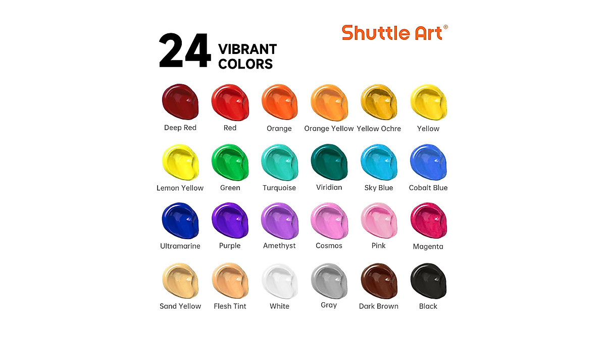Acrylic Paint Set 24 Colors by Shuttle Art - Rich Pigments & Bulk