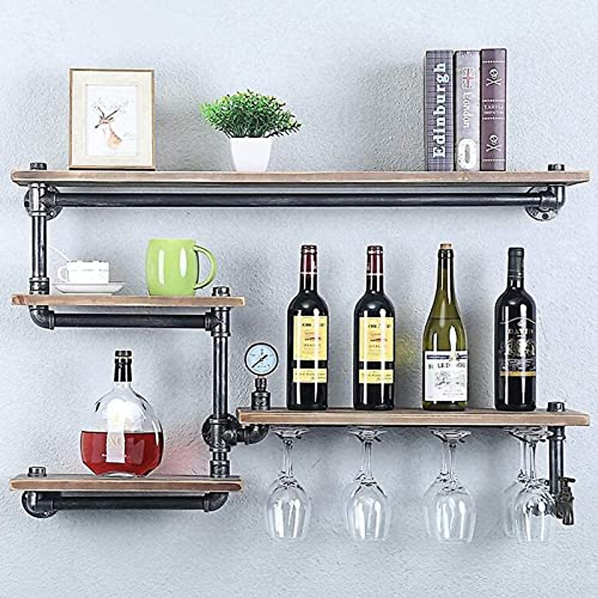 Industrial Pipe Wine Rack - Wall Mounted with Glass Holders