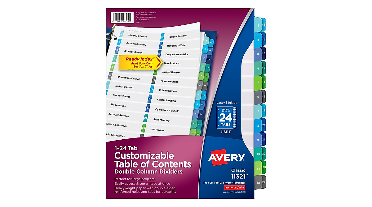 Avery Double Column 24 Tab Dividers for 3 Ring Binders | Customizable ...