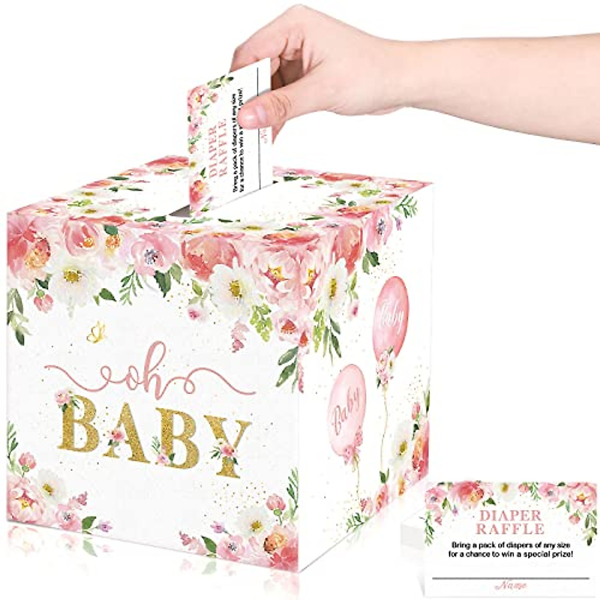 Floral Diaper Raffle Tickets & Box for Baby Shower