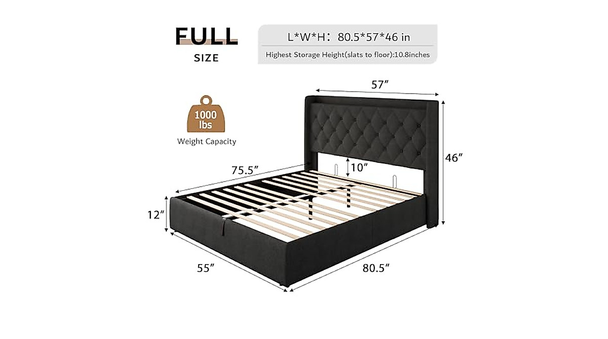 iPormis Lift Up Storage Bed Frame with Charging Station