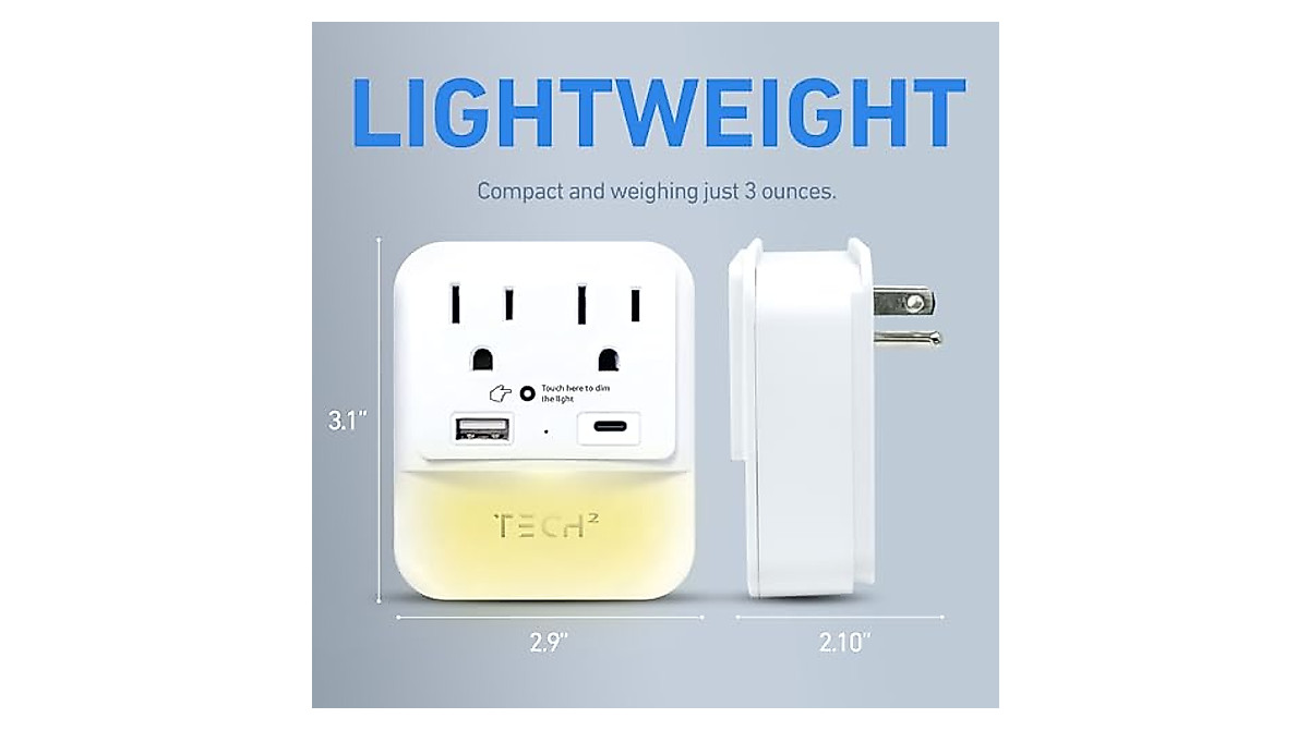Tech2 Surge Protector with Night Light – 2 Outlets & USB Ports