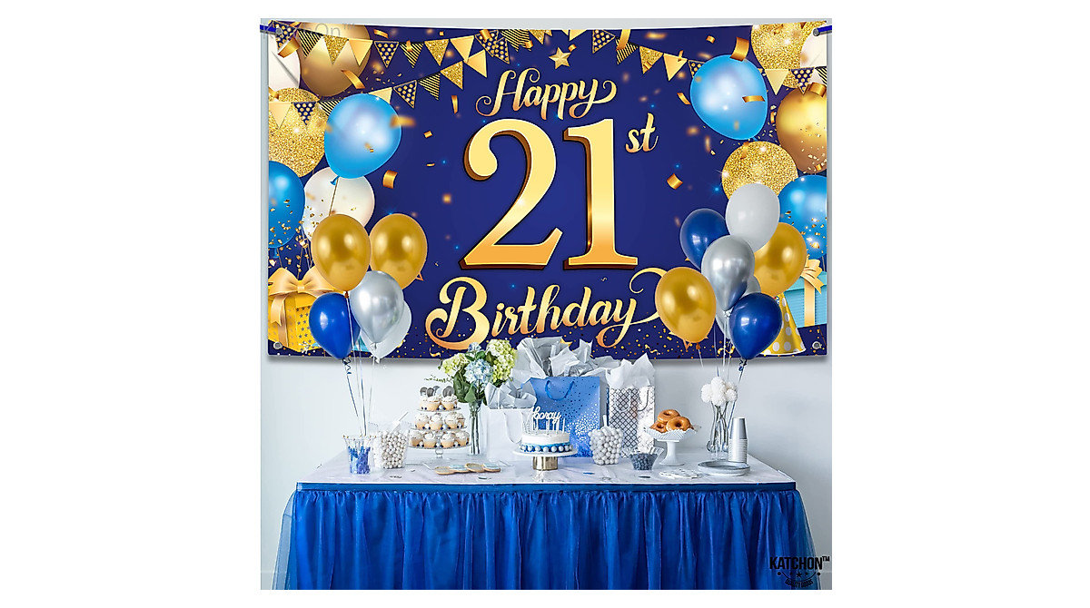 Blue & Gold 21st Birthday Banner - 72x44 Inch Celebration Decor