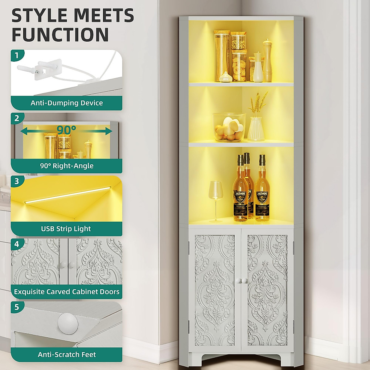 DWVO Tall Corner Shelf with LED Light - Modern 5-Tier Bookcase