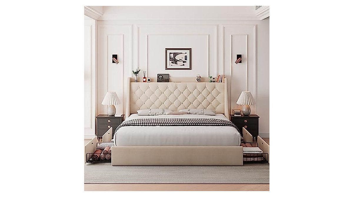 Feonase King Size Upholstered Bed Frame with Storage & Charging