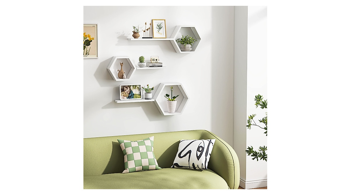 Wooden Hexagon Floating Shelves Set of 6 for Stylish Wall Decor