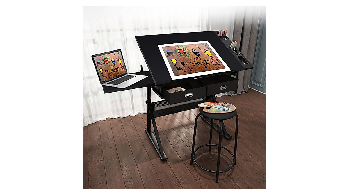Yaheetech Adjustable Drafting Table with Storage & Stool